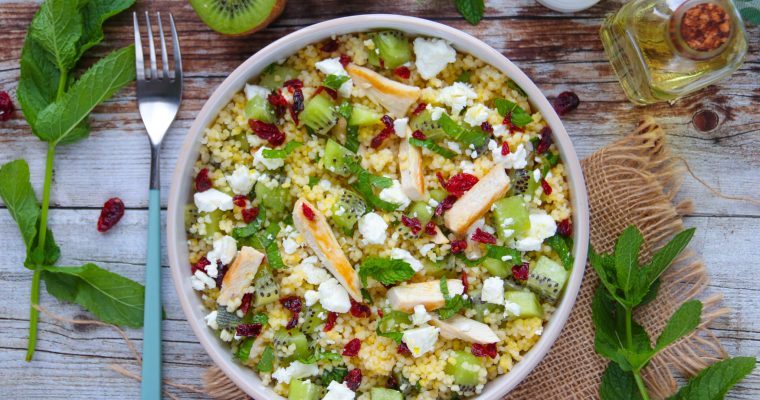 Couscous perlé aux kiwis de France, poulet, feta et menthe
