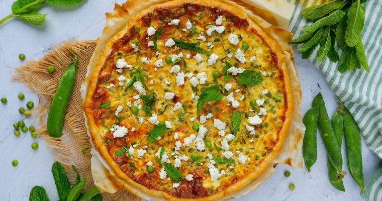 Quiche petits pois, feta et menthe sans beurre