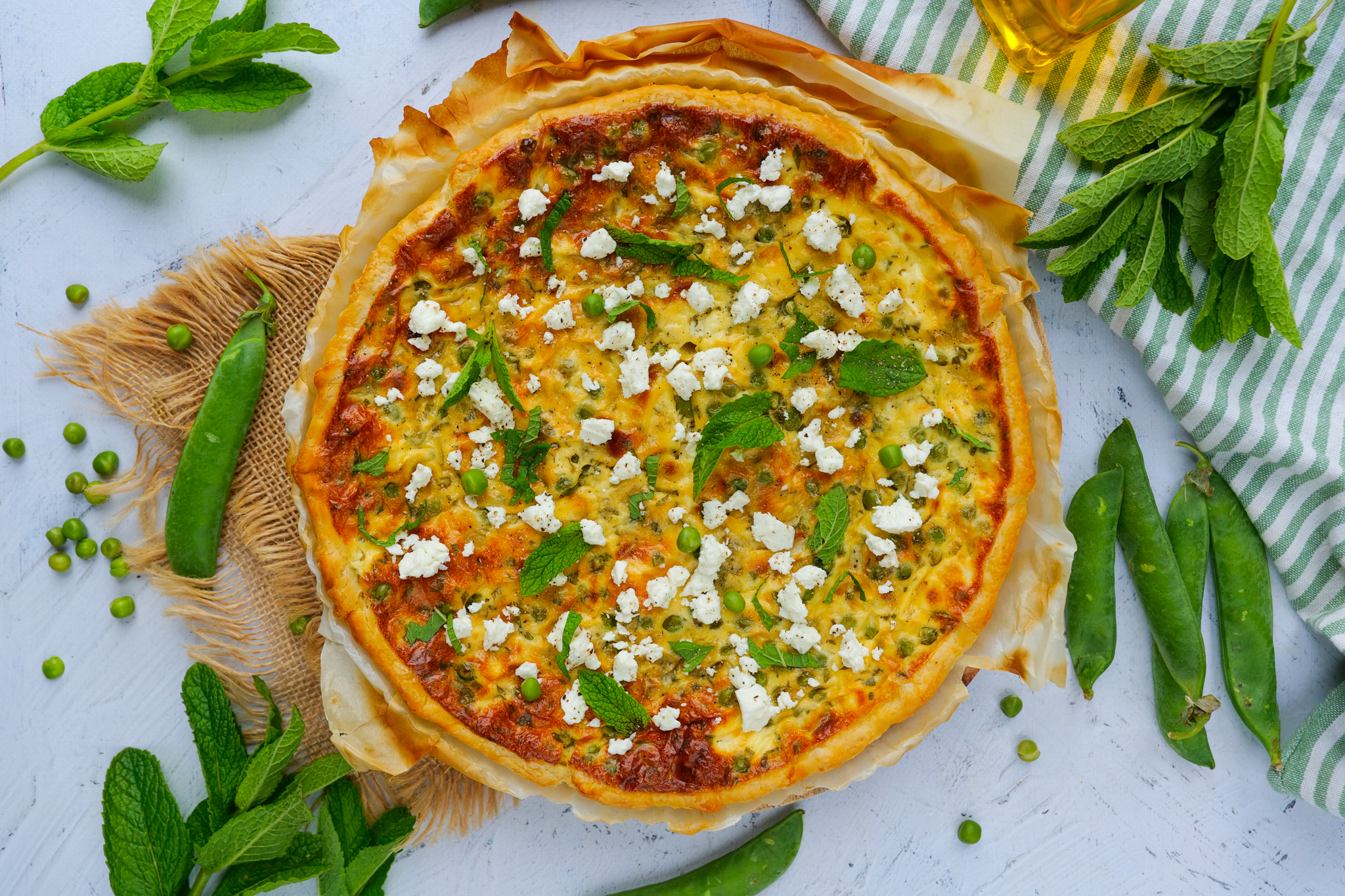 Quiche petits pois, feta et menthe sans beurre