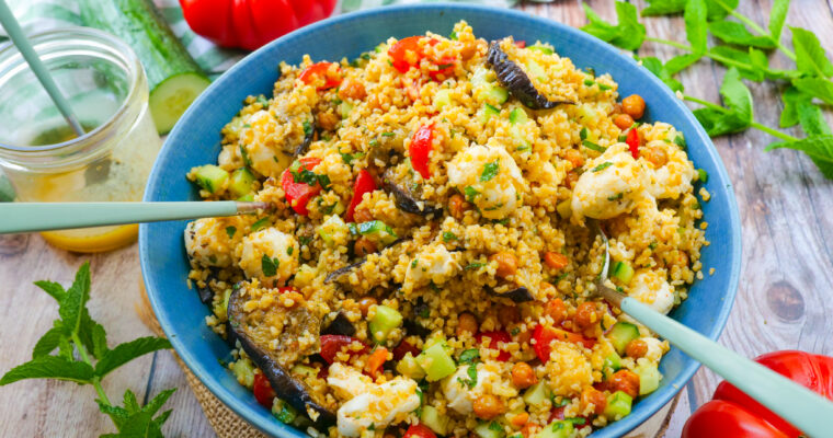 Salade d’été au boulgour, aubergines et pois-chiches