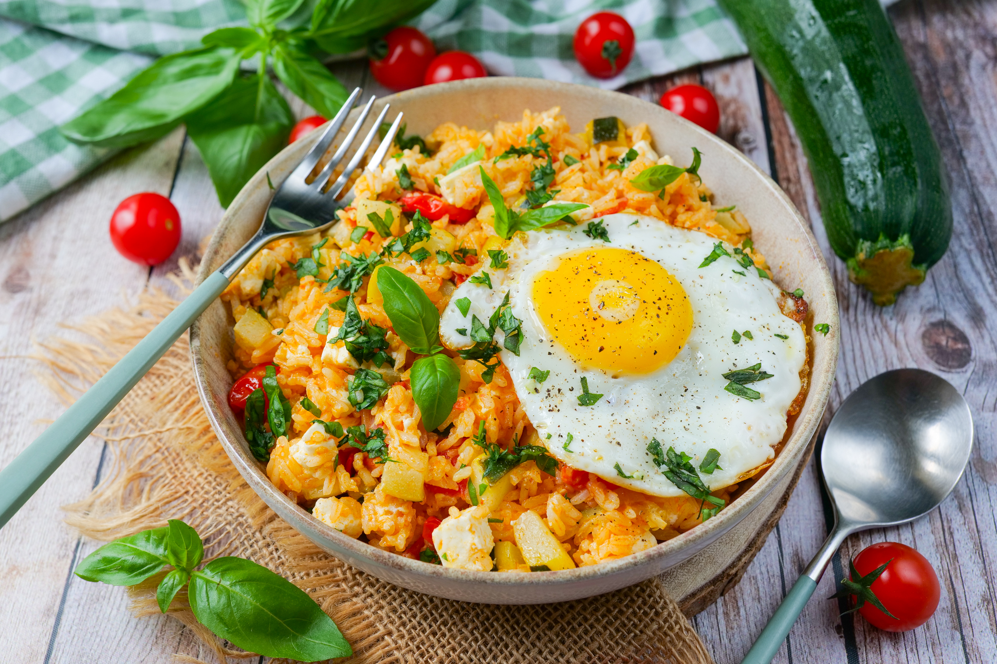 Riz sauté aux courgettes, tomates et oeuf au plat