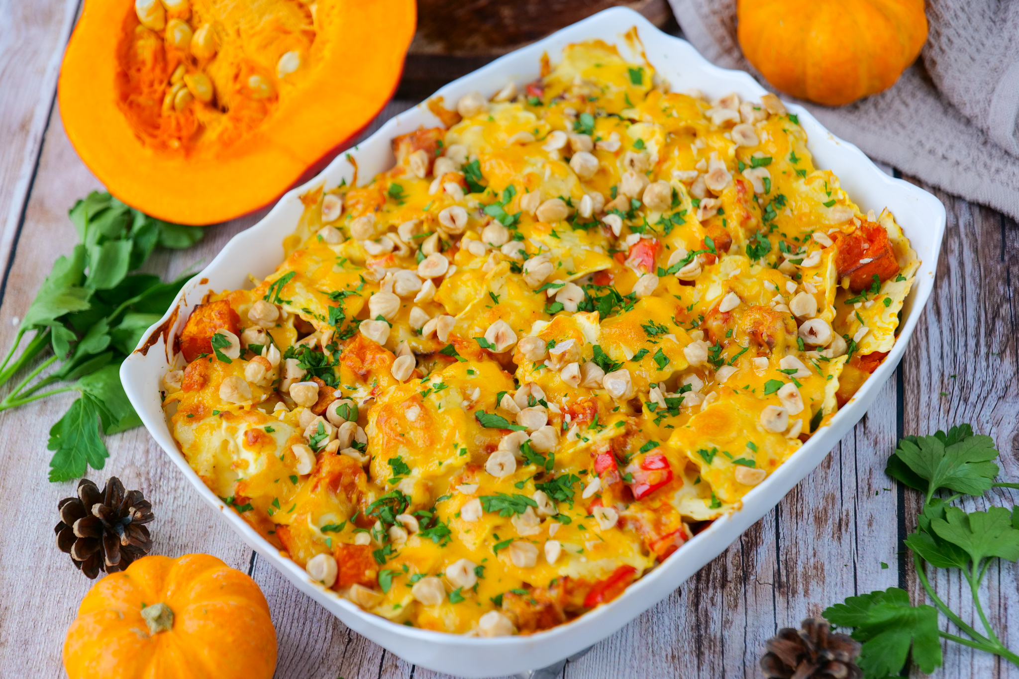 Gratin de ravioles au potimarron et cheddar